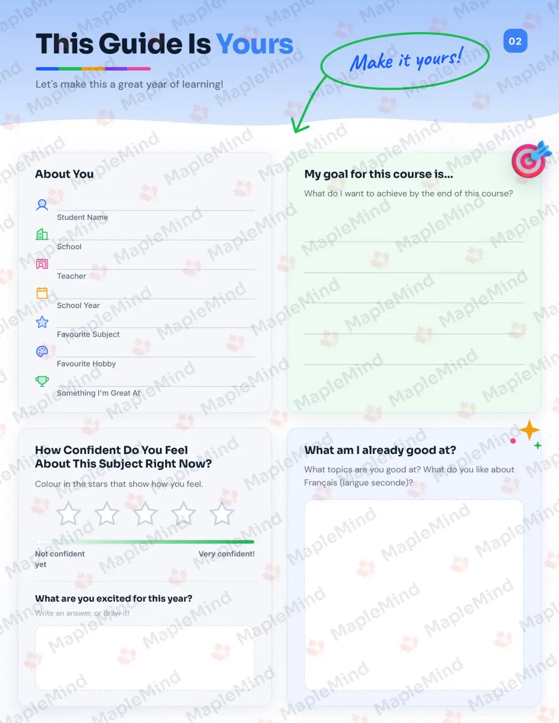 Page 2 of 29 from the Core French 8 Saskatchewan Course Companion — student goal setting and about me pages
