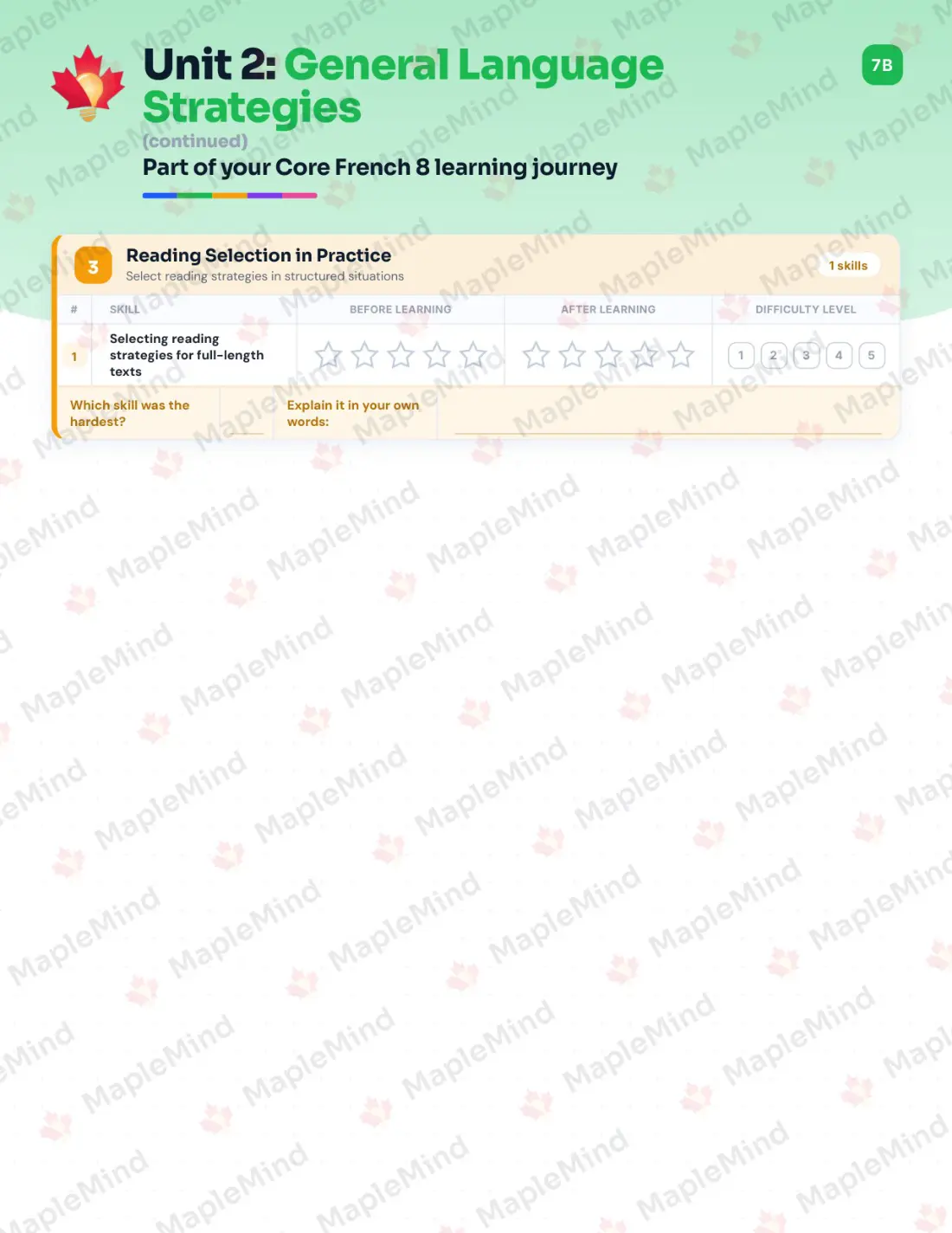 Page 11 of 29 from the Core French 8 Saskatchewan Course Companion — skills tracker with before and after self-assessment