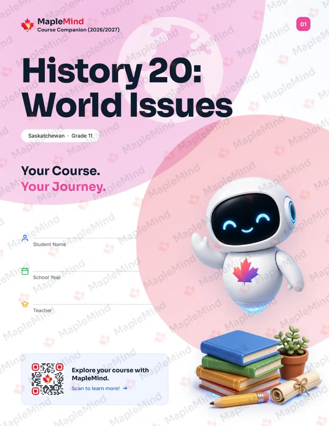 Page 1 of 30 from the History 20: World Issues Saskatchewan Course Companion — workbook cover