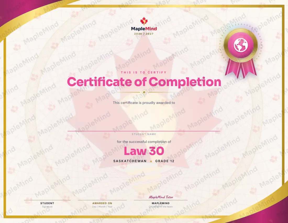 Page 32 of 32 from the Law 30 Saskatchewan Course Companion — year in review and certificate of completion